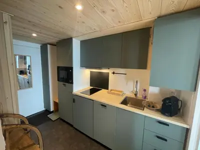 Cuisine ou kitchenette dans l'établissement Studio rénové avec Balcon, Pieds des pistes, WIFI - FR-1-502-552