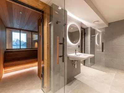 Salle de bains dans l'établissement Appartement de standing avec piscine, sauna et hammam à Val-d'Isère - FR-1-694-424